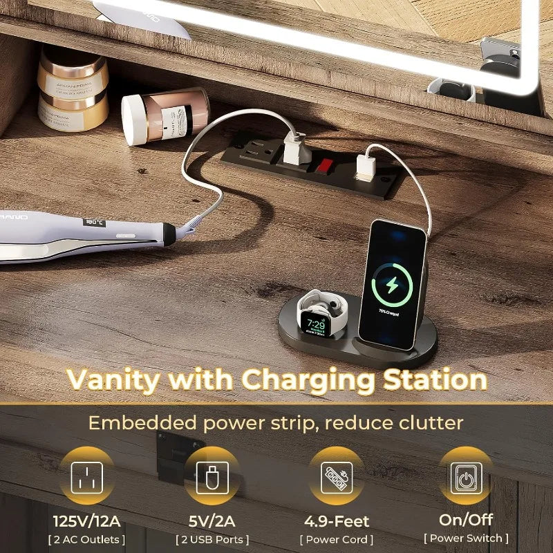 Vanity Desk with Lights, 47.2" Farmhouse Vanity Table with Sliding Mirror & Charging Station,