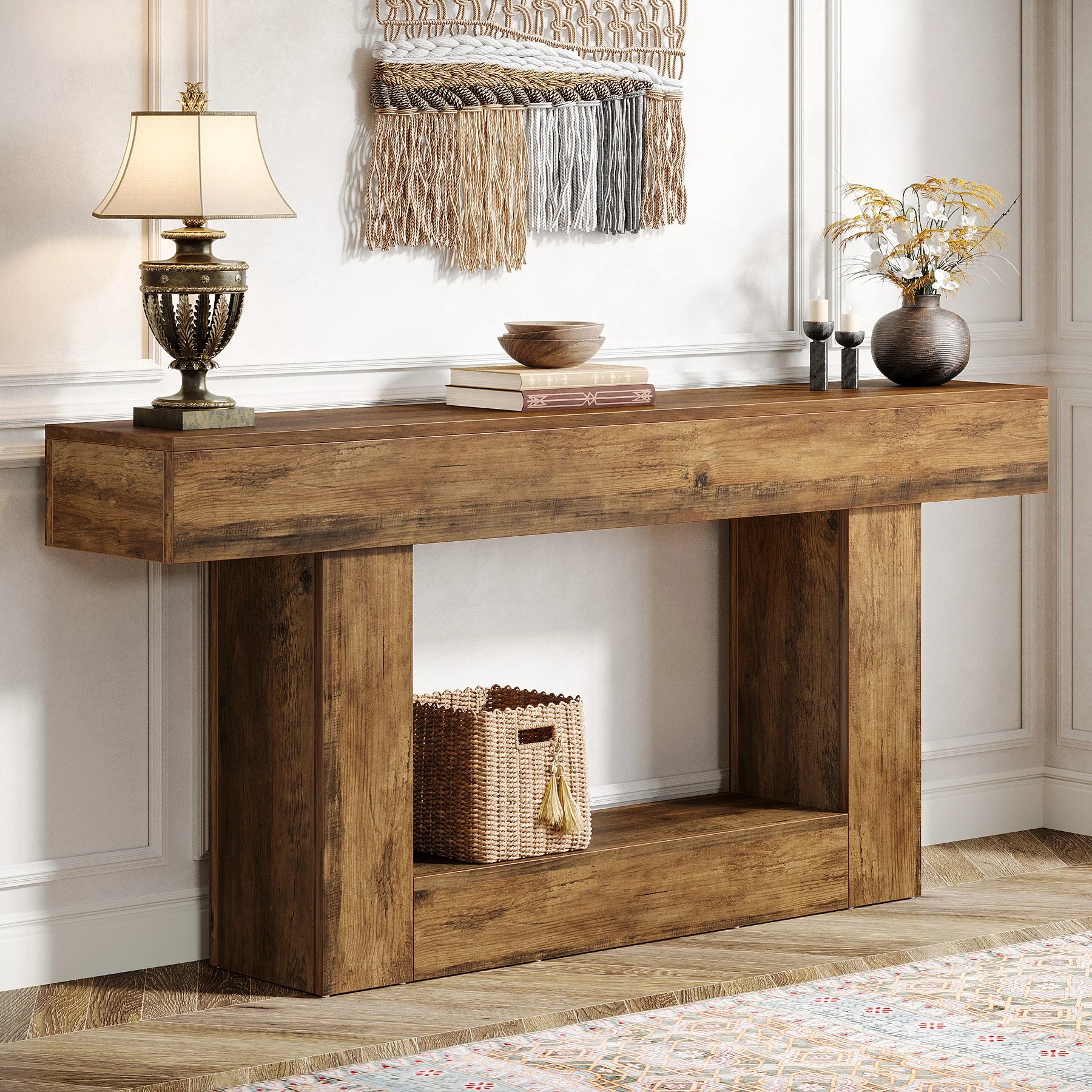 Modern  Farmhouse 2-Tier Entryway Table with U-Shaped Base, Narrow Long Wood Sofa Table. 63 inches tall.. Uniquely Stunning Design. Several finishes to choose from.