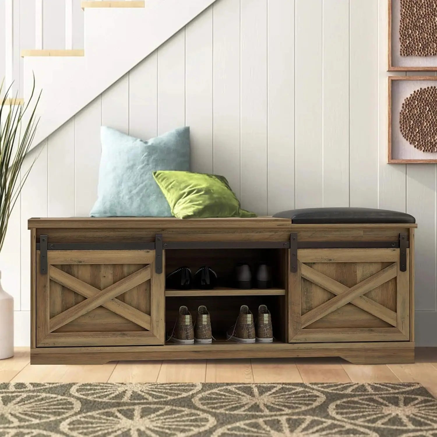 Farmhouse Style Storage Bench with Padded Seat. Great for the Entryway or Bedroom for shoe storage.