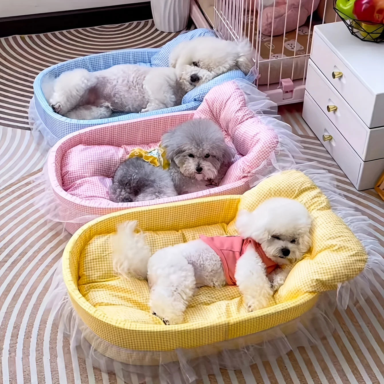CUTENESS OVERLOAD!  Cute Lace-Trimmed Pet Bed.  Soft Polyester Plush Oval for Small Dogs/Cats, Easy Assembly Indoor Use