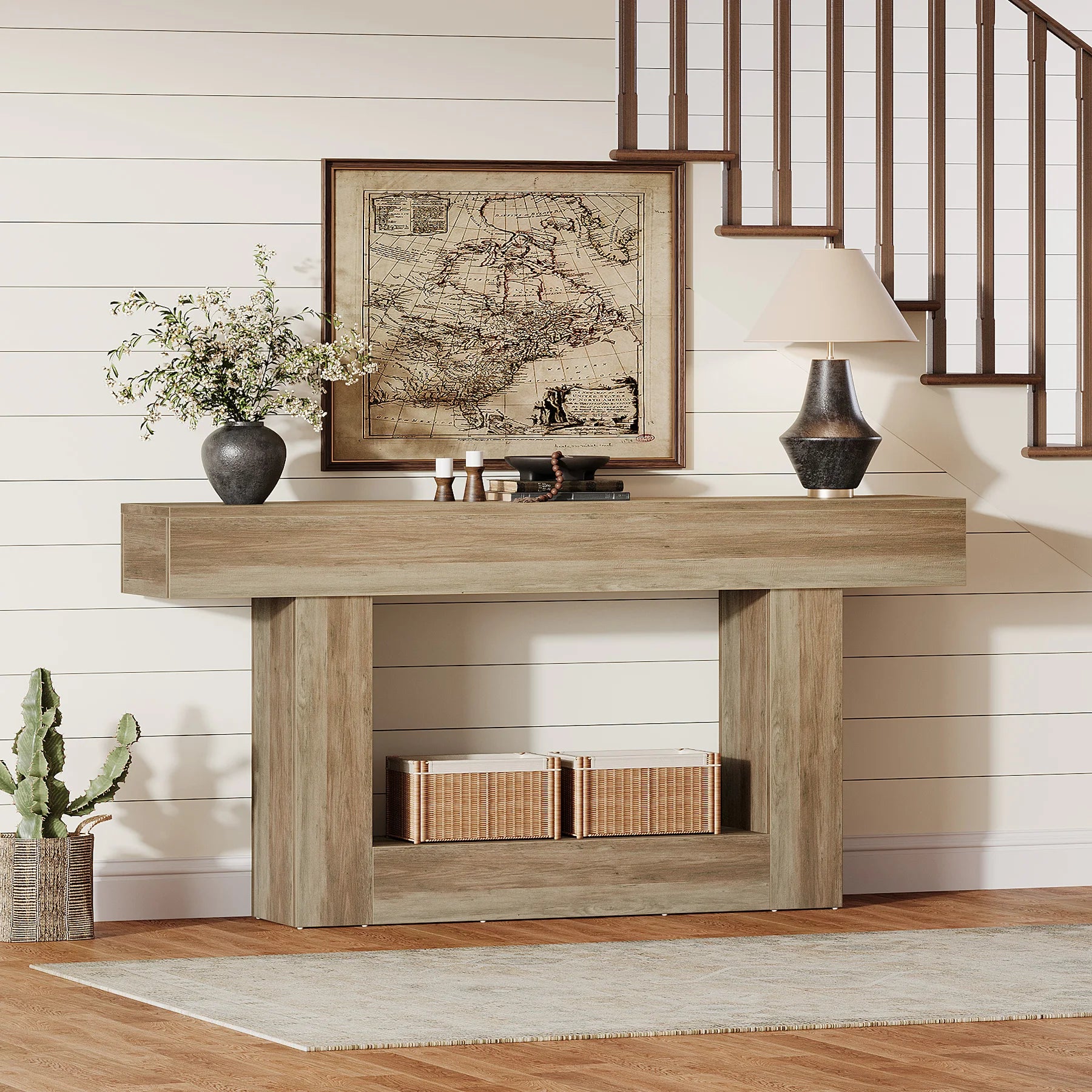 Modern  Farmhouse 2-Tier Entryway Table with U-Shaped Base, Narrow Long Wood Sofa Table. 63 inches tall.. Uniquely Stunning Design. Several finishes to choose from.