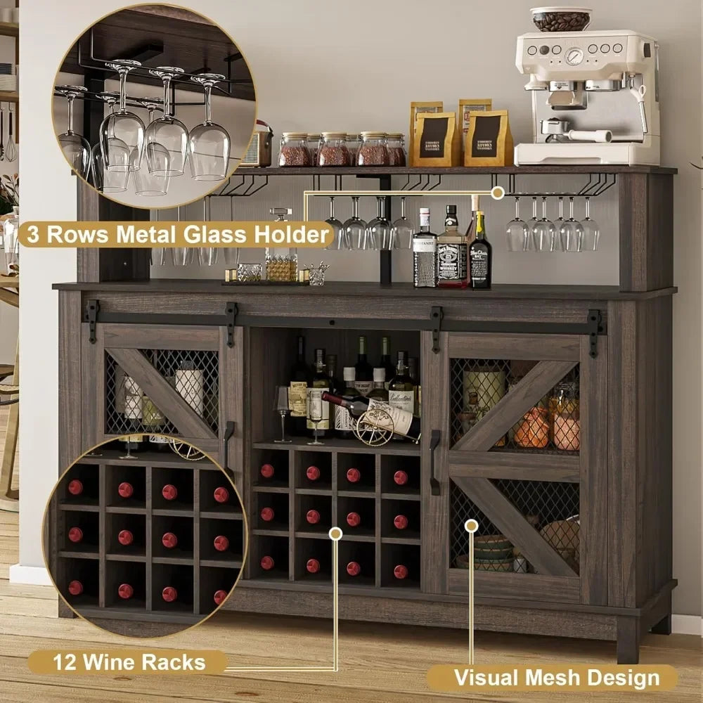 Farmhouse Style Coffee Bar/Wine Bar with LED Lighting and Sliding Barn Door. This is a Great Piece to Bring a Little Farm Charm to Your Home. Two Finishes to Choose From.