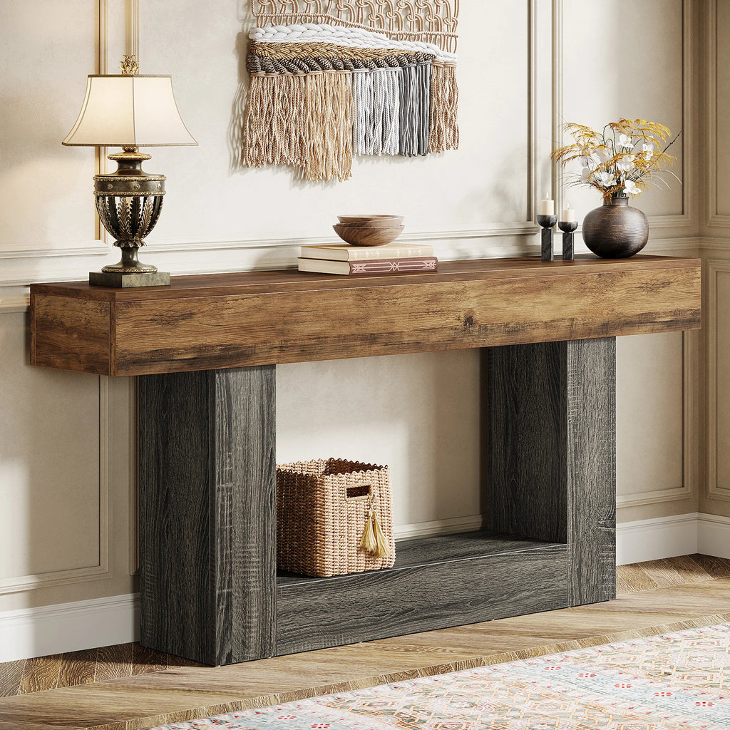 Modern  Farmhouse 2-Tier Entryway Table with U-Shaped Base, Narrow Long Wood Sofa Table. 63 inches tall.. Uniquely Stunning Design. Several finishes to choose from.