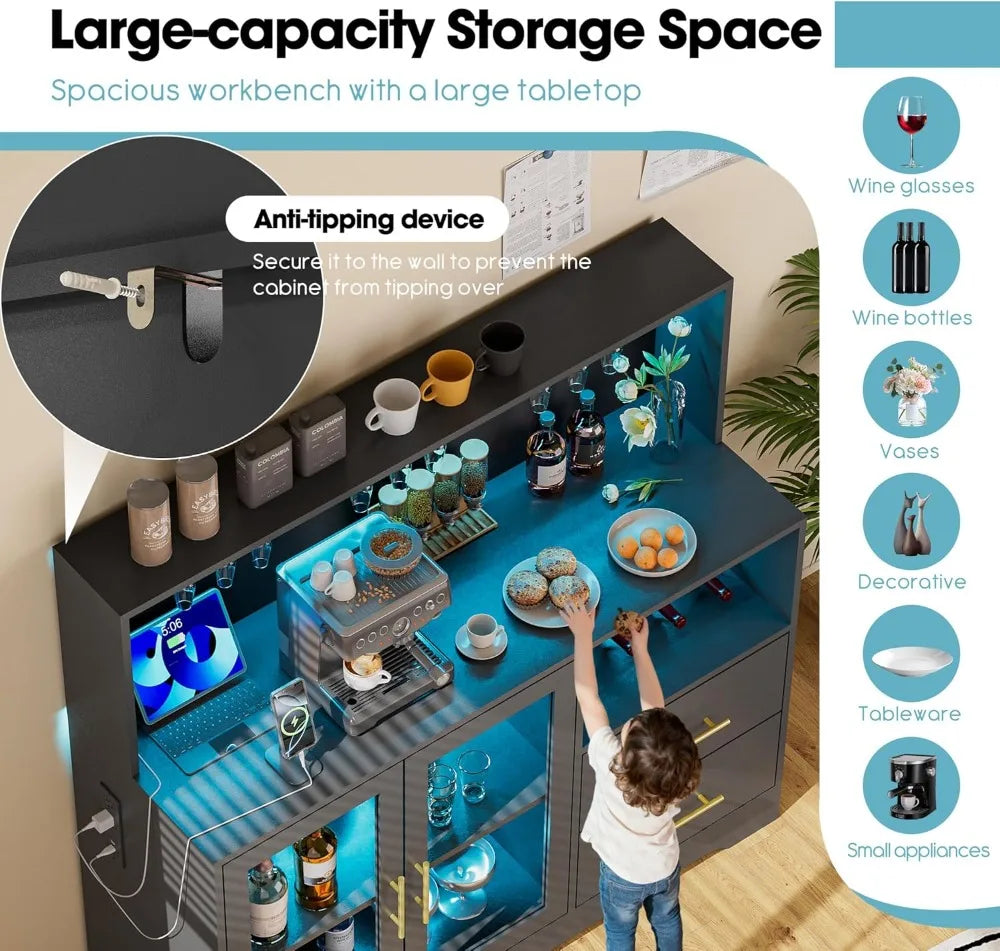 Wine Bar Cabinet with USB Outlets and Soft LED Lighting. With Ample Storage, this Piece is both Functional and Attractive. Great for the Kitchen Livingroom.