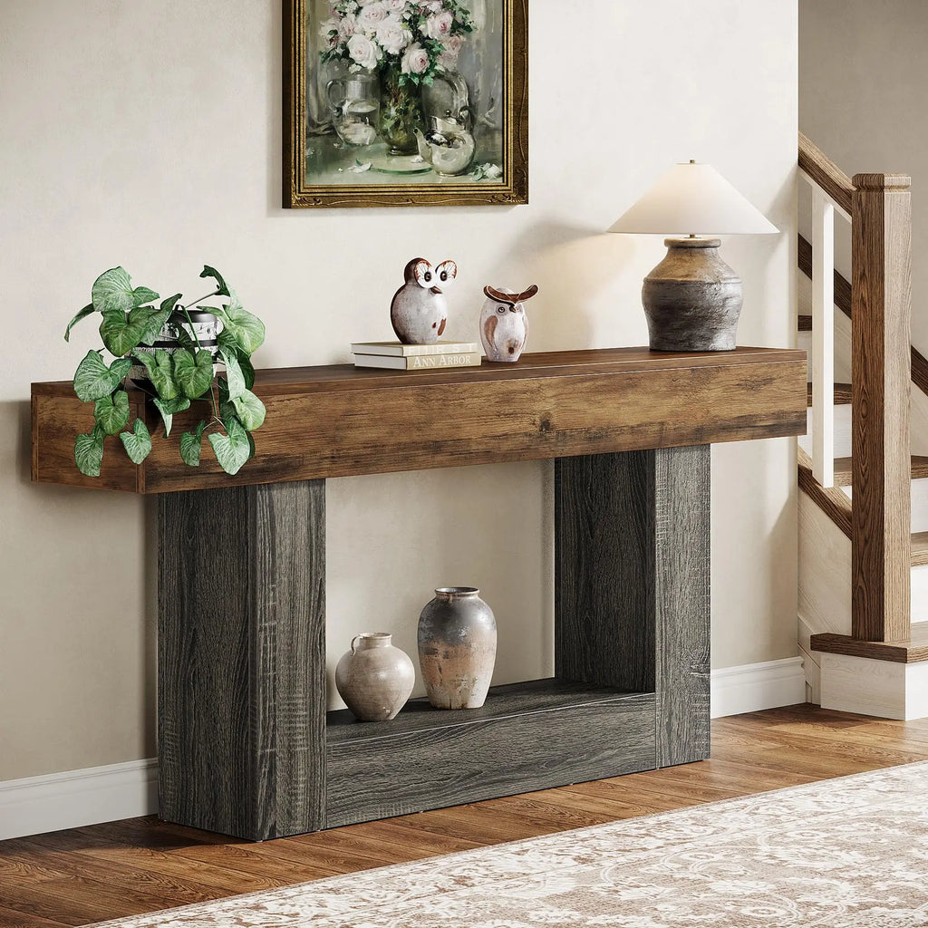 Modern  Farmhouse 2-Tier Entryway Table with U-Shaped Base, Narrow Long Wood Sofa Table. 63 inches tall.. Uniquely Stunning Design. Several finishes to choose from.