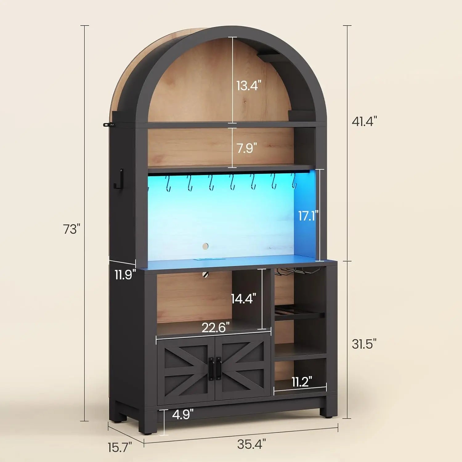 73" Tall Arched Bakers Rack with Power Outlet and LED Light, Farmhouse Coffee Bar Cabinet, Kitchen Microwave Stand. Multiple Finishes and Attractive Features.