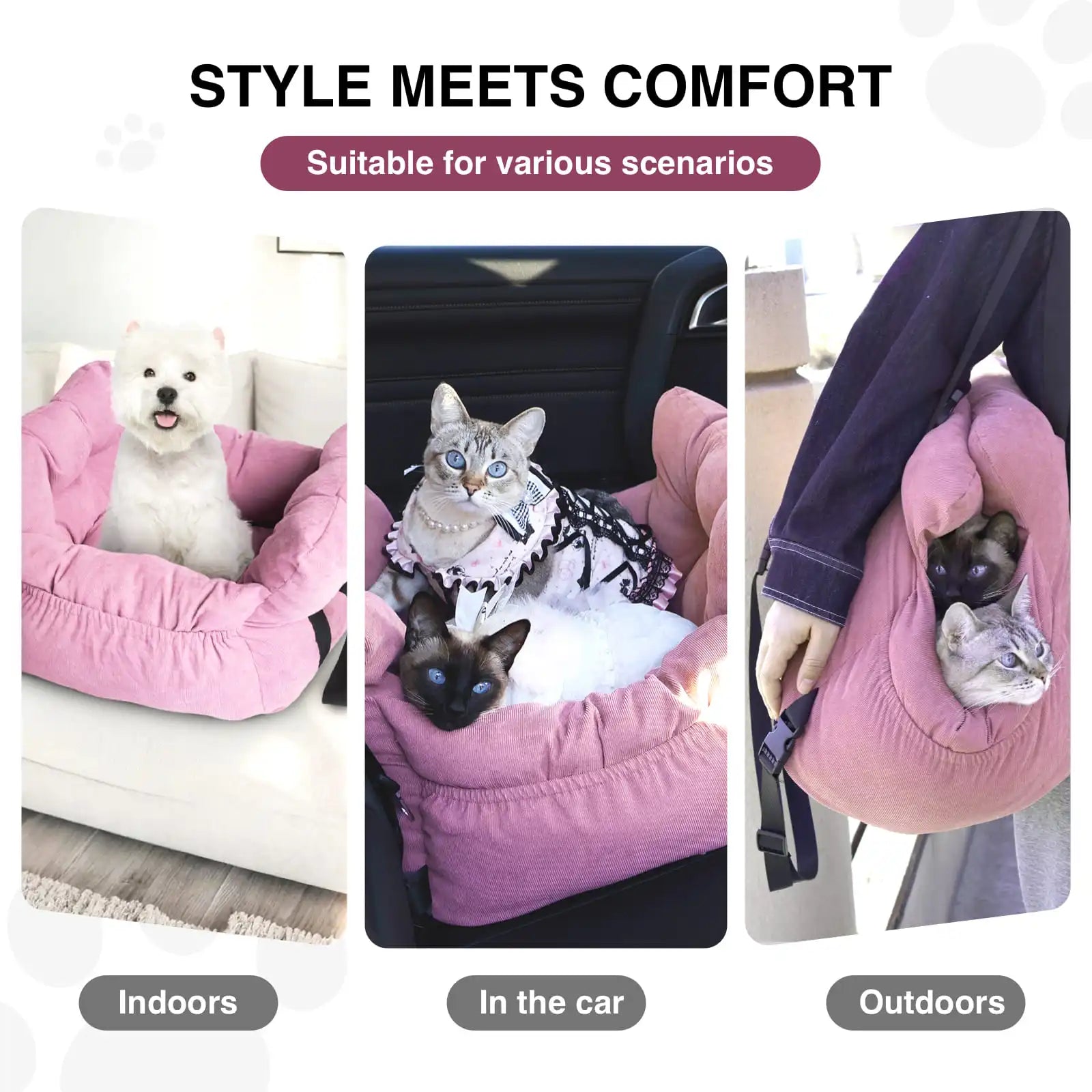 2-in-1 Dog Car Seat Carrier Bag - Detachable with Handles and Safety Belt, Travel Dog Booster Seat for Small Medium Dogs Cats. Multiple Colors.