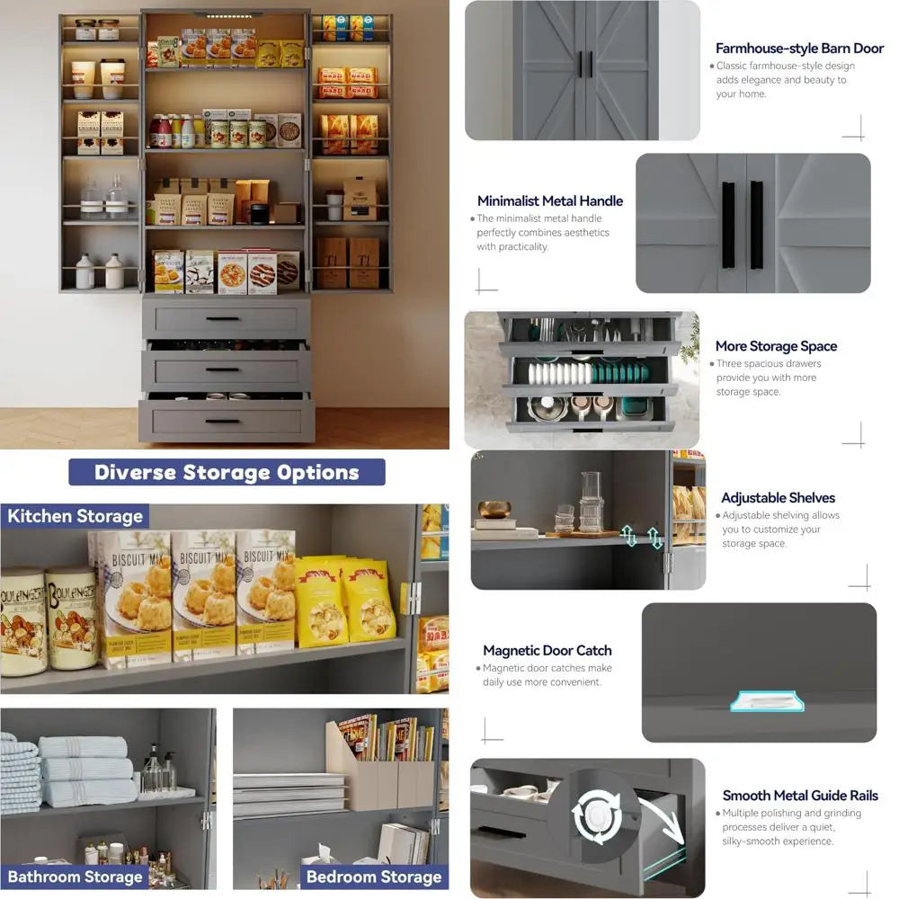 Farmhouse Style LED-Illuminated Kitchen Pantry Cabinet with 3 Drawers. Free Standing Pantry Storage, Barn Door Design, Adjustable Shelves