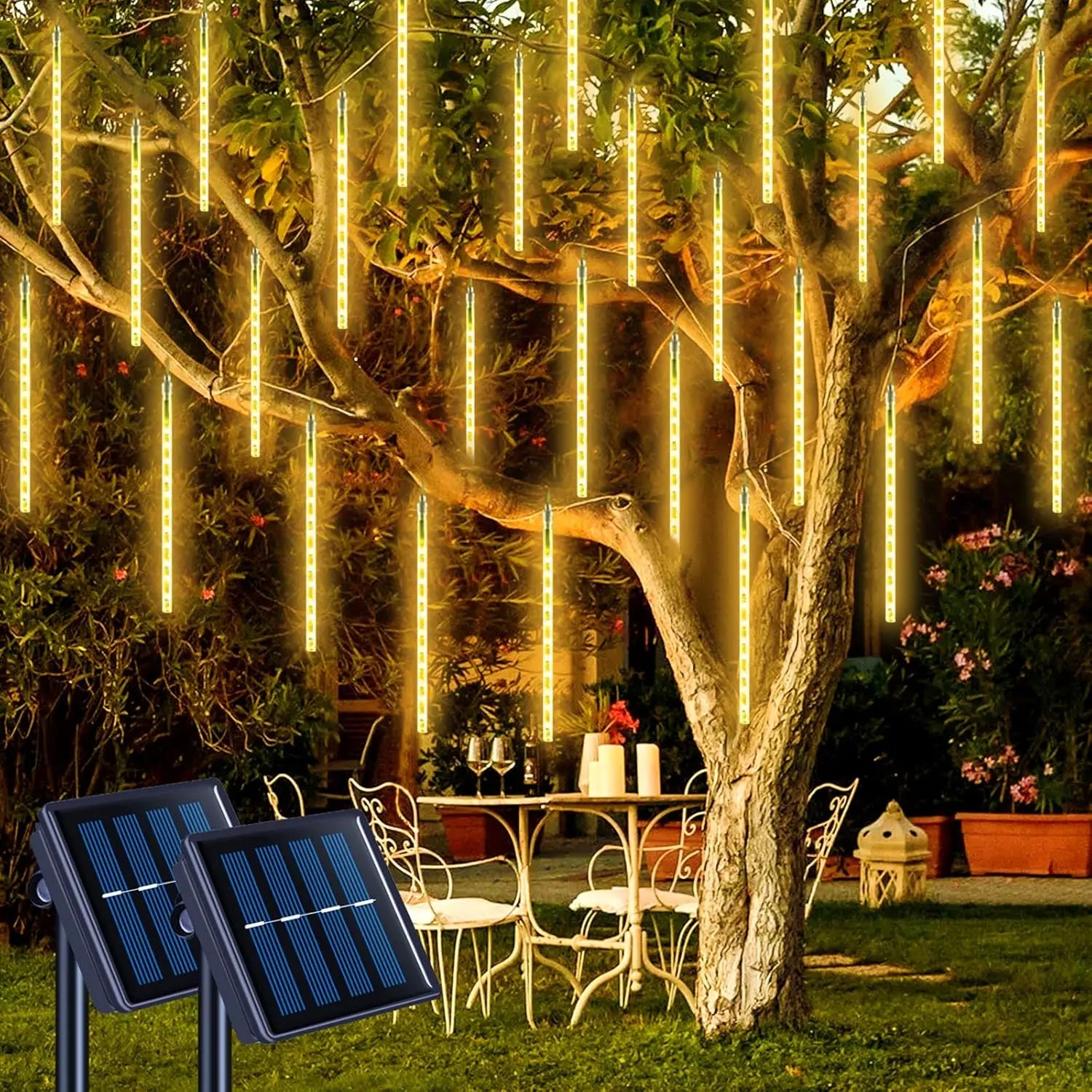 2 Pack Solar Meteor Shower Lights, 16 Tube 288 LED Warm White, Waterproof Outdoor Tree Decor. Stunning Addition to Backyard or Patio all Year Round.