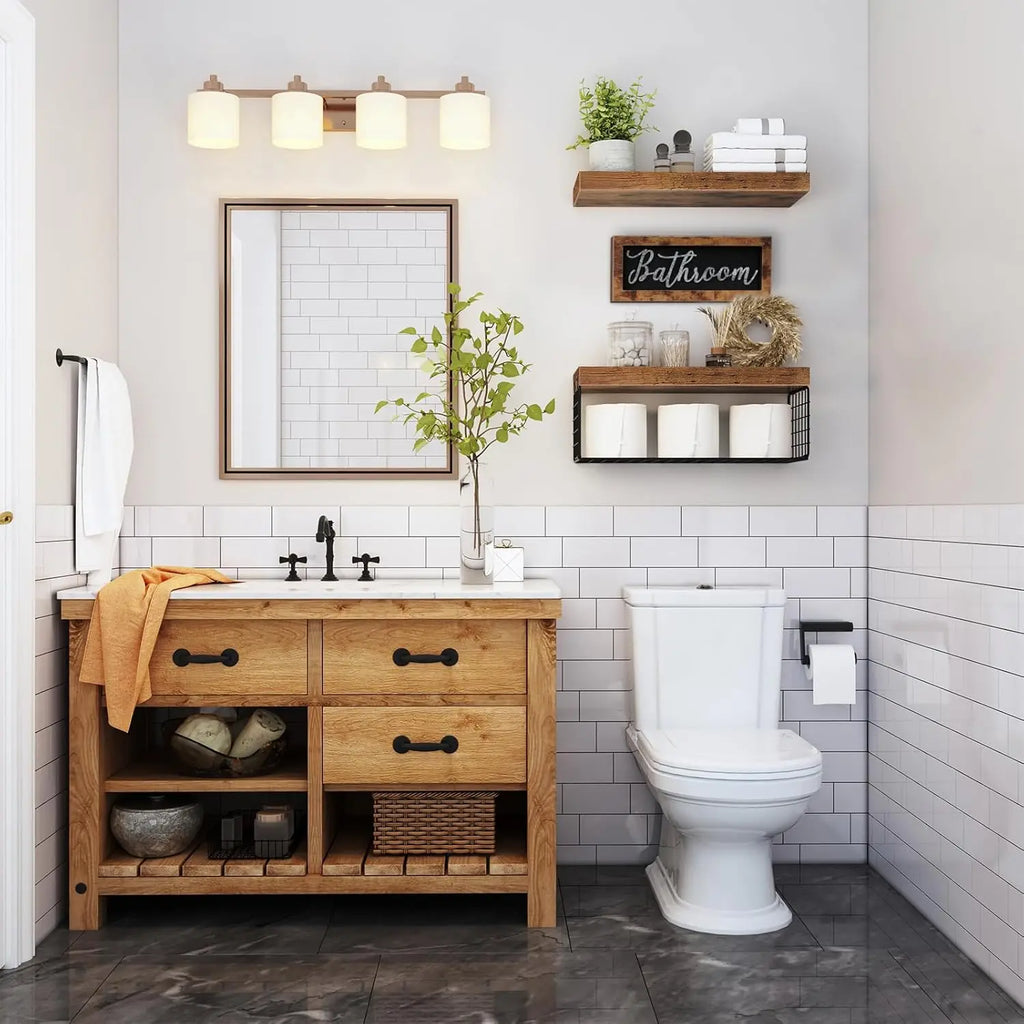 Farmhouse Bathroom Shelves Over Toilet - Floating Shelf Set with Basket & Sign, Rustic Brown