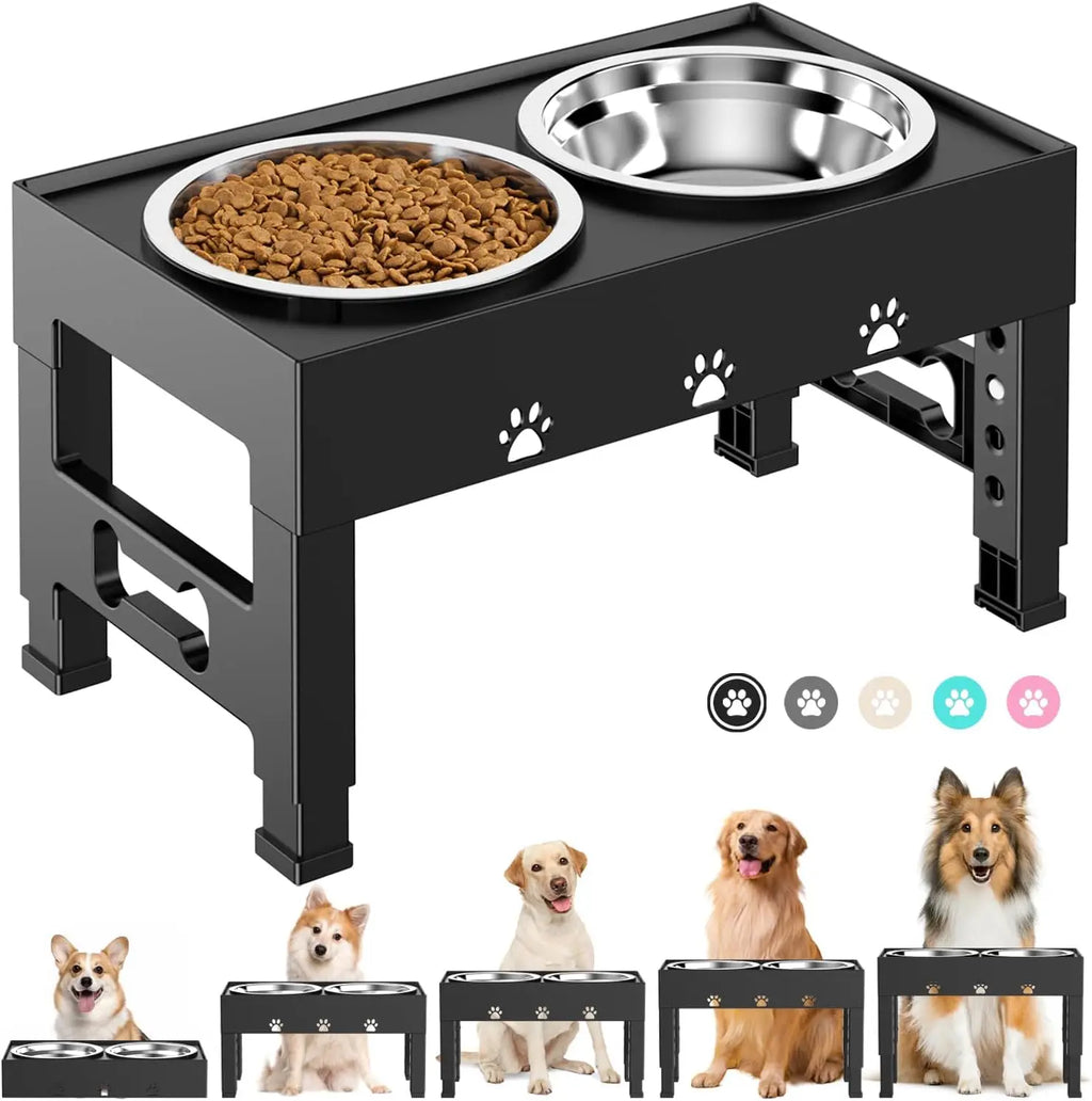 Adjustable Height Raised Dog Bowl Stand with 2 Stainless Steel Bowls, Non-Slip Feeder for Medium Large Dogs. Grows with Your Fur Baby.