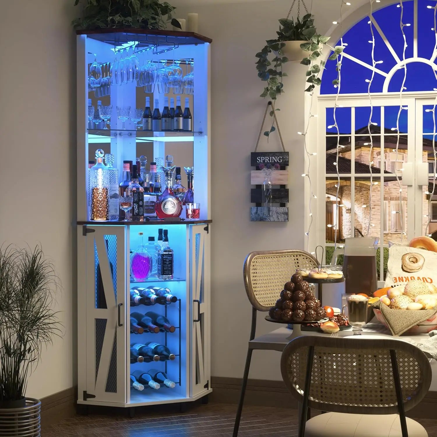 68.9” Tall Corner Bar Cabinet Wine Bar with LED Lighting With Mirrored Backdrop.  Farmhouse Liquor Cabinet with Adjustable Shelf Customizable. It's Corner Style Design is a Space Saving  Which Makes it Suitable for Smaller