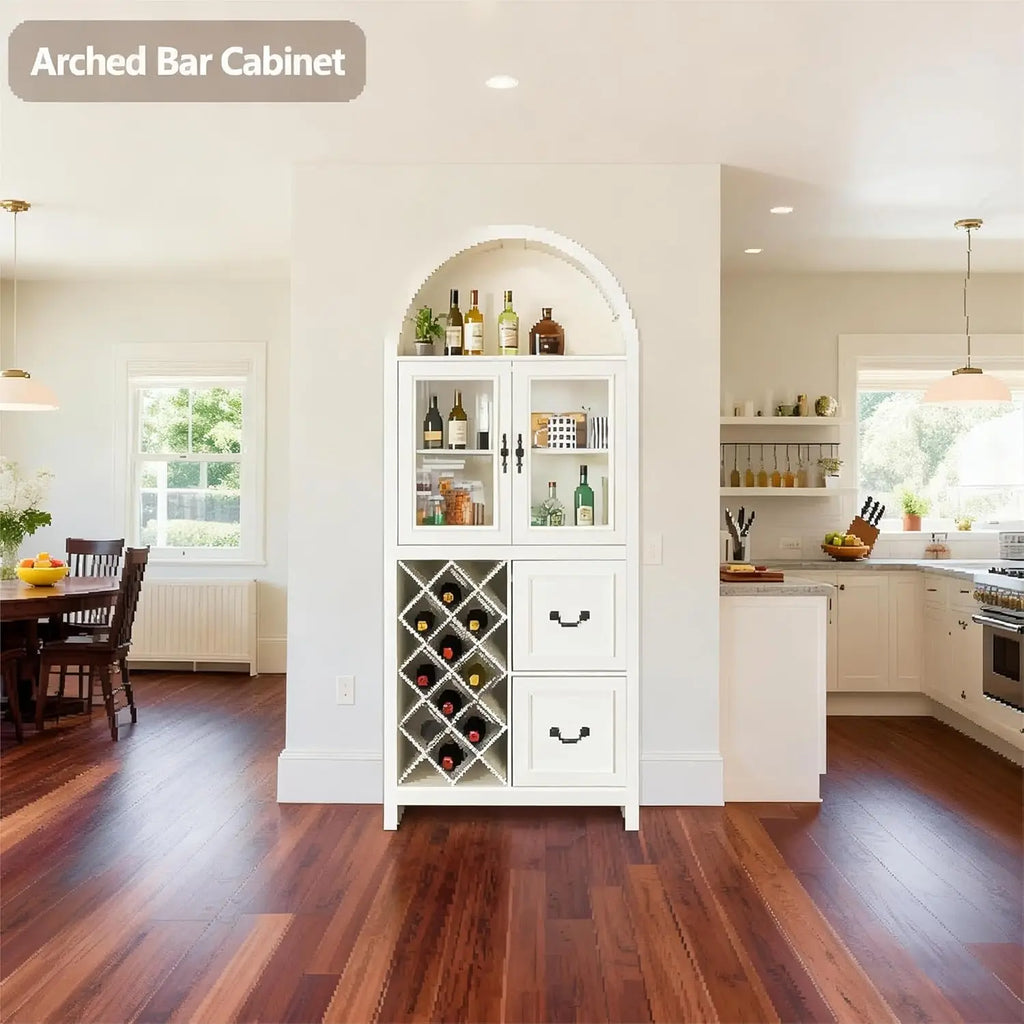 Farmhouse Style Arched Bar Cabinet with Glass Doors, 71" Tall Wine Storage Cabinet with Stemware Rack, Wine Rack and Storage.  Both Functional and Beautiful.