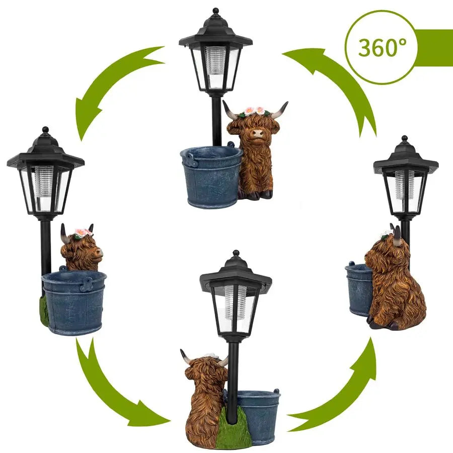 Solar Highland Cow Outdoor Statue, Garden Decor with Flowerpot and Lantern. Great Piece for the Patio and Yard.