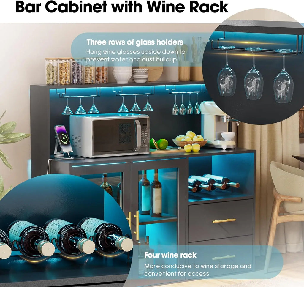 Wine Bar Cabinet with USB Outlets and Soft LED Lighting. With Ample Storage, this Piece is both Functional and Attractive. Great for the Kitchen Livingroom.