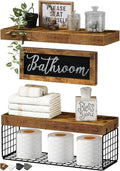 Farmhouse Bathroom Shelves Over Toilet - Floating Shelf Set with Basket & Sign, Rustic Brown