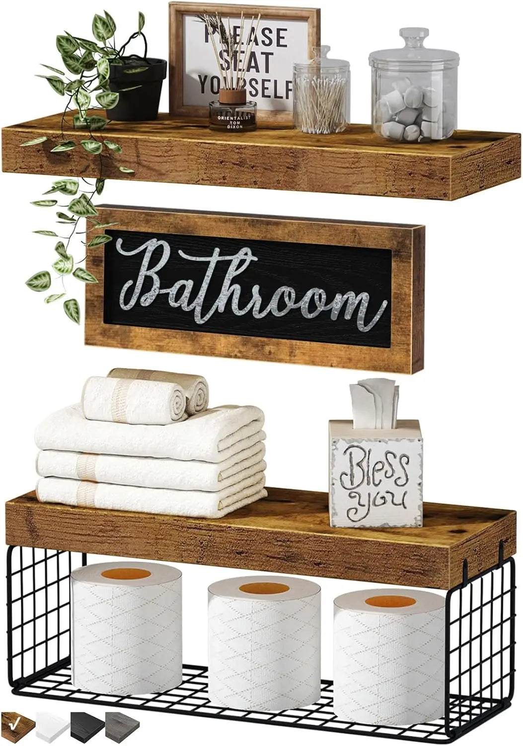 Farmhouse Bathroom Shelves Over Toilet - Floating Shelf Set with Basket & Sign, Rustic Brown