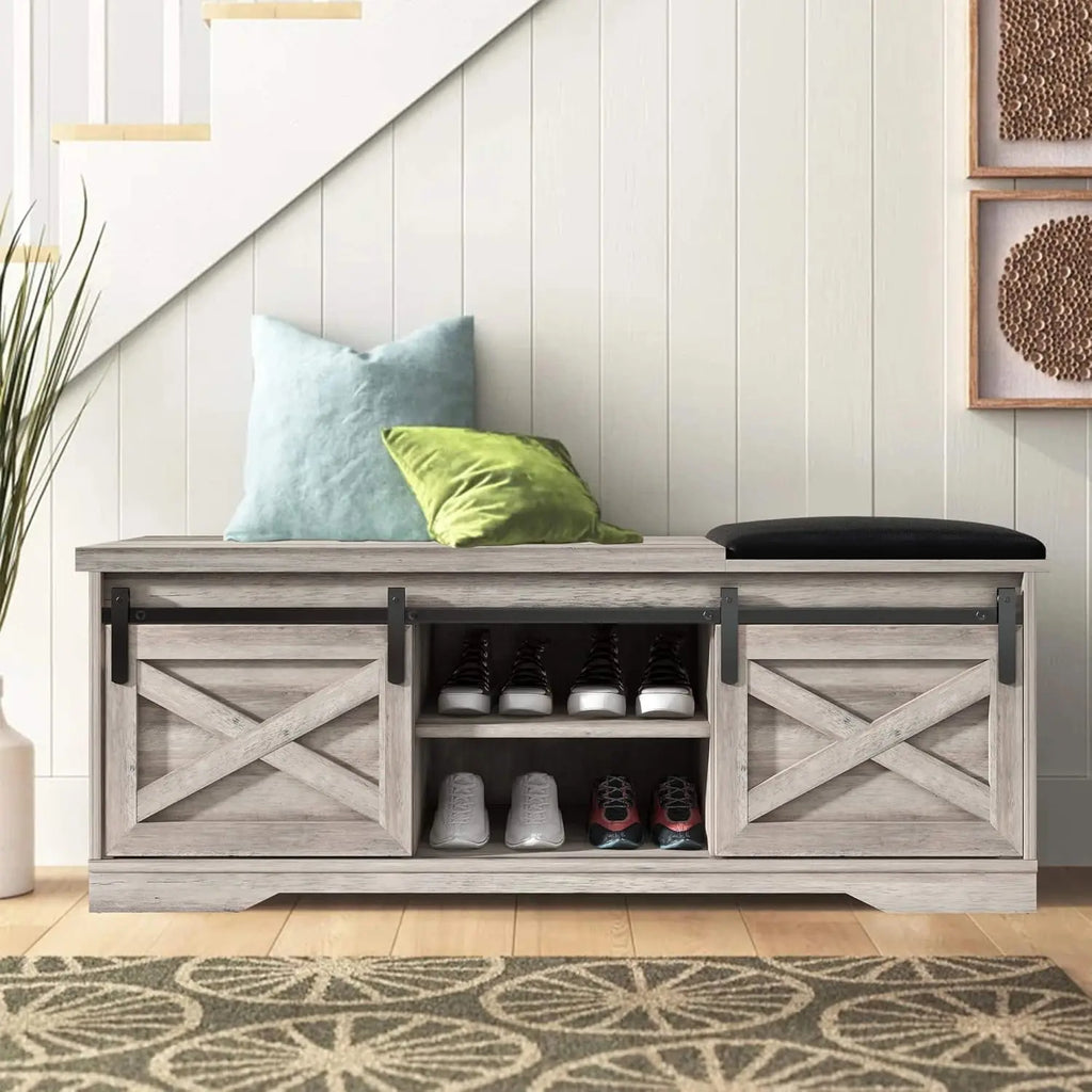 Farmhouse Style Storage Bench with Padded Seat. Great for the Entryway or Bedroom for shoe storage.