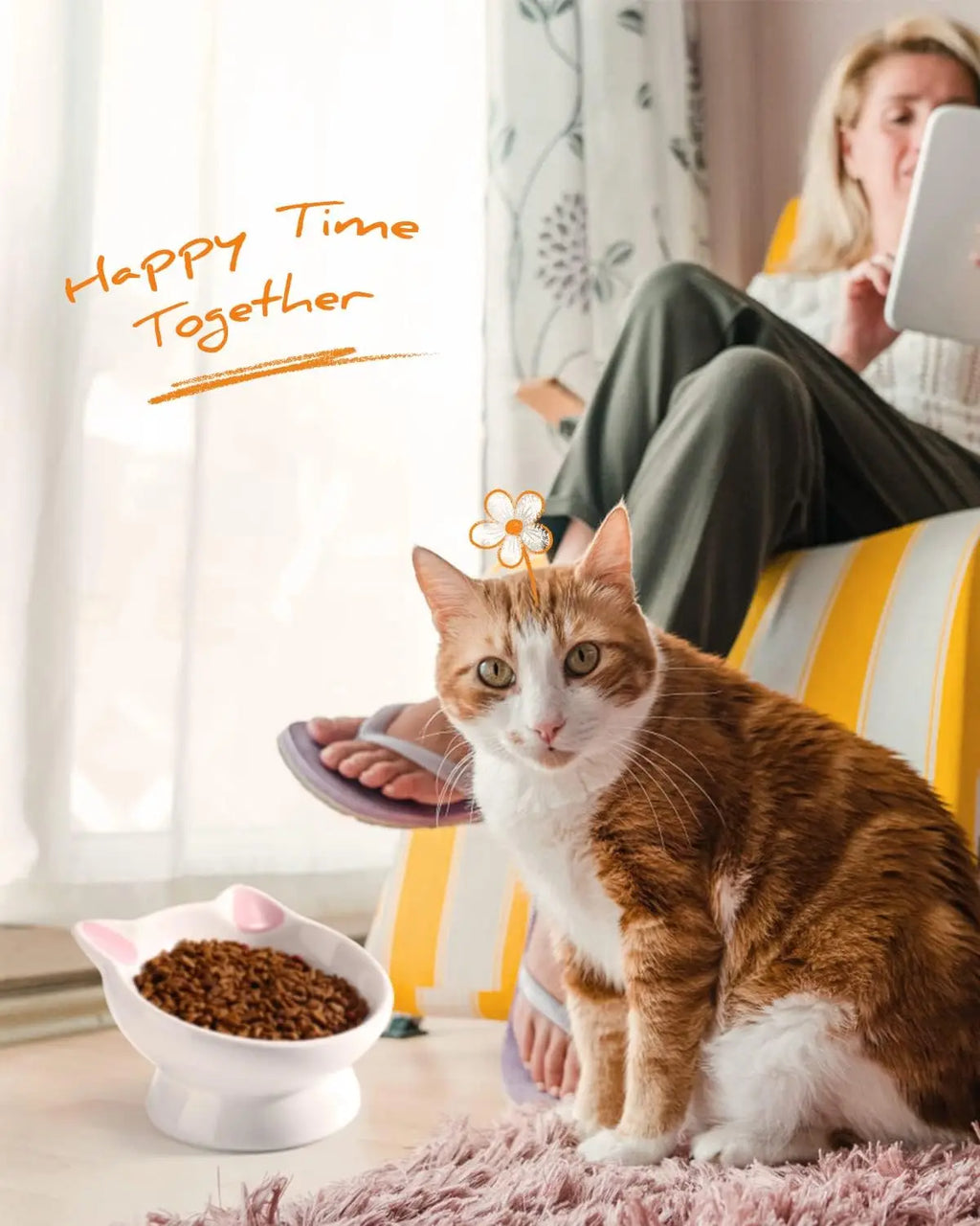 2-Piece Ceramic Raised Cat Food Bowl with 15° Tilt for Spine Health and Anti-Reflux Purposes. Pretty Darn Cute.