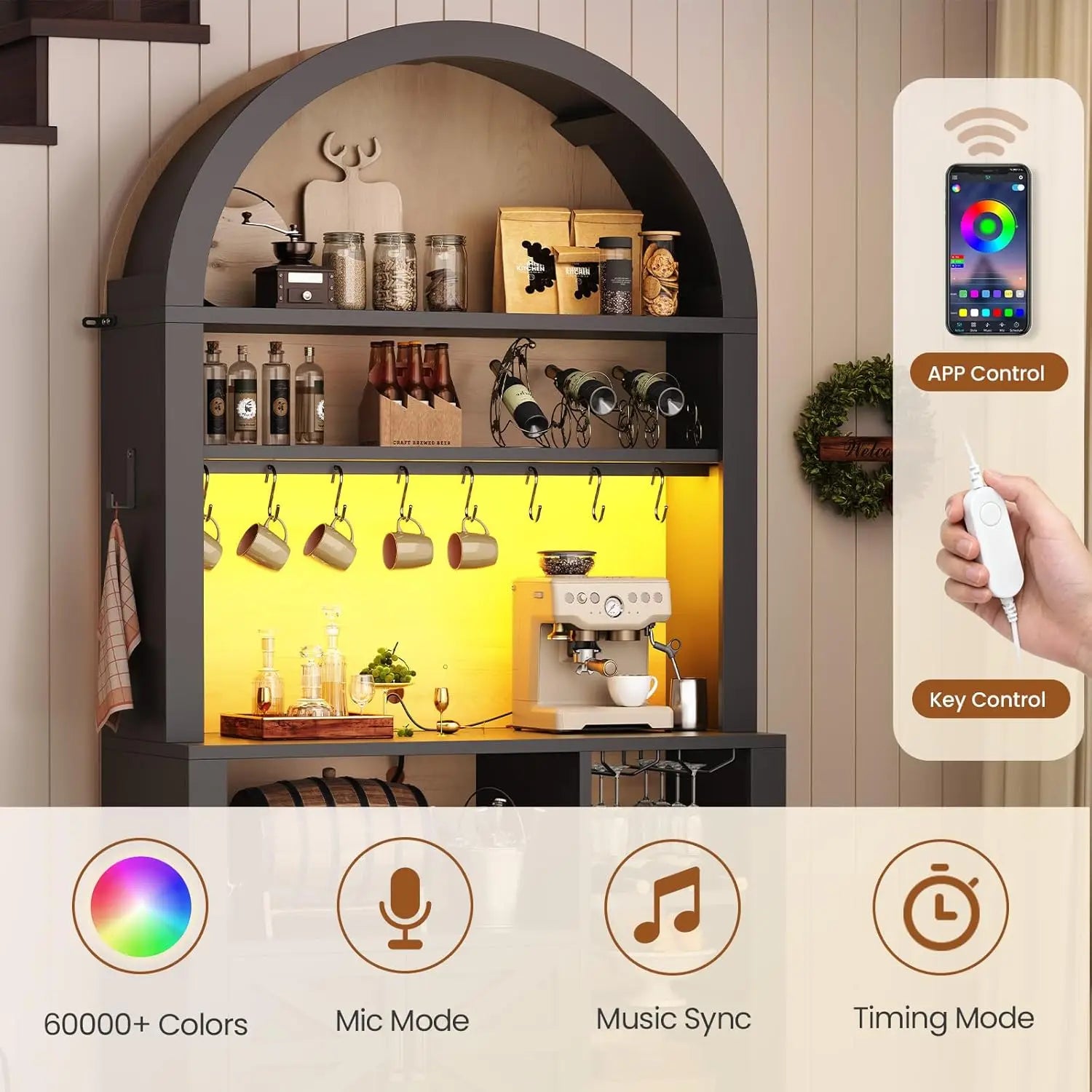 73" Tall Arched Bakers Rack with Power Outlet and LED Light, Farmhouse Coffee Bar Cabinet, Kitchen Microwave Stand. Multiple Finishes and Attractive Features.