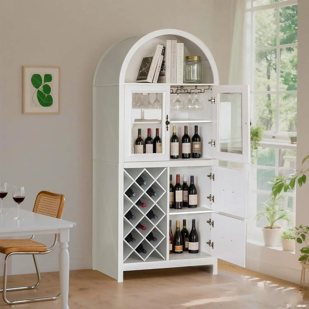 Farmhouse Style Arched Bar Cabinet with Glass Doors, 71" Tall Wine Storage Cabinet with Stemware Rack, Wine Rack and Storage.  Both Functional and Beautiful.