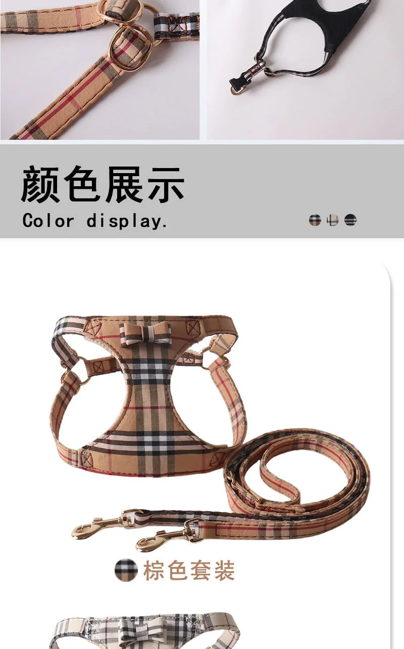 Dog Harness Leash Set for Small and Medium Dogs Adjustable Plaid Bow Vest Double Hook Leash Pet .Your Fur Babies will be Walking in Style.