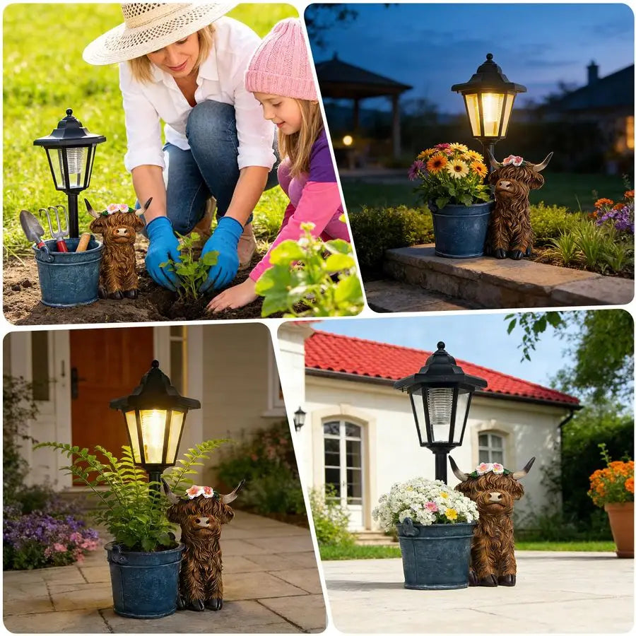 Solar Highland Cow Outdoor Statue, Garden Decor with Flowerpot and Lantern. Great Piece for the Patio and Yard.