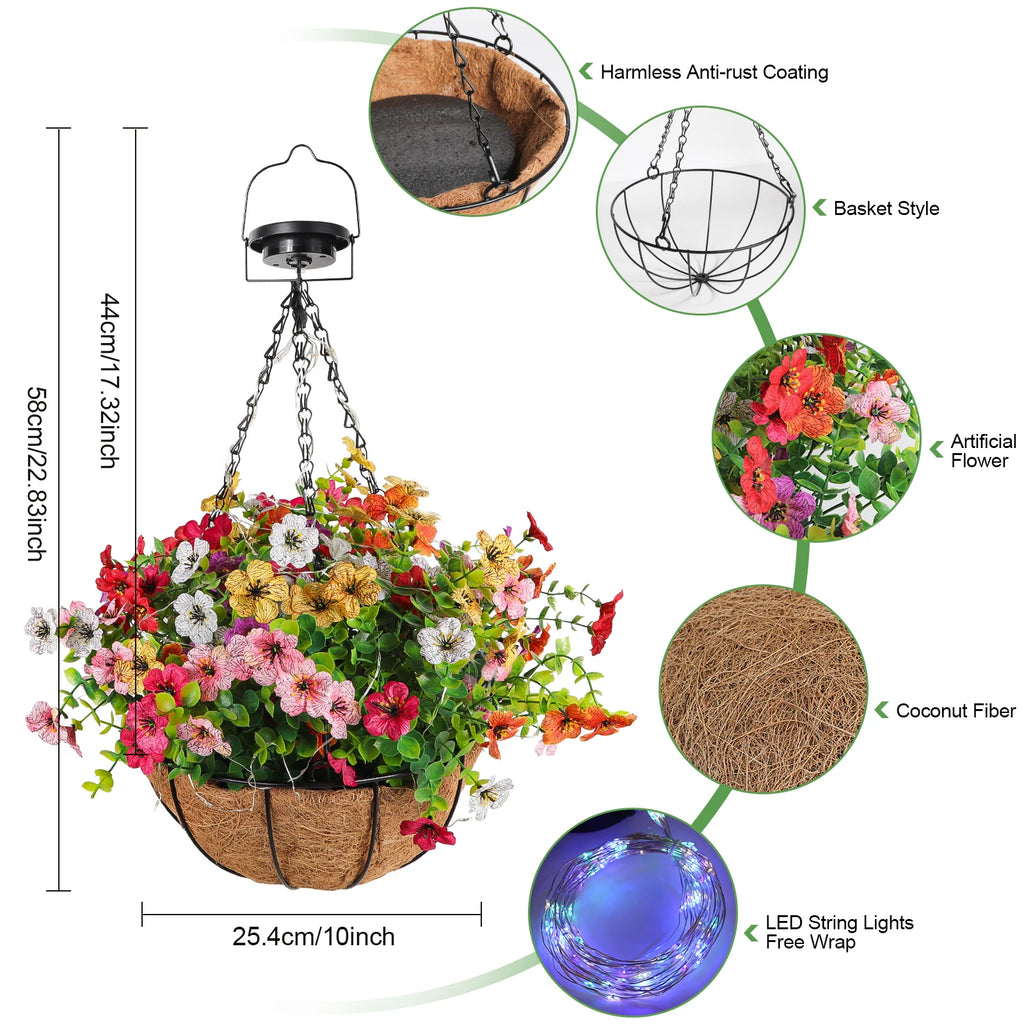 Solar-Powered Hanging Flower Basket Lights Outdoor Patio and Garden Lighting .