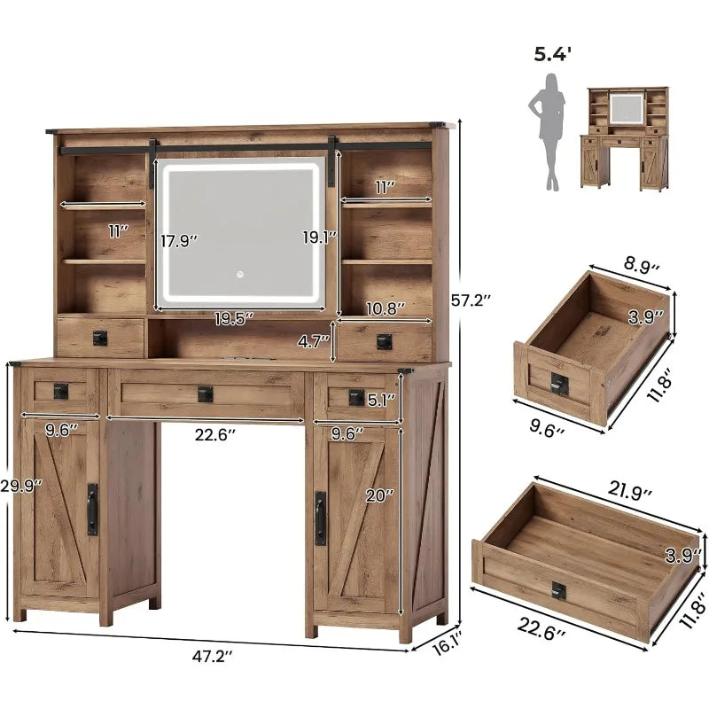 Vanity Desk with Lights, 47.2" Farmhouse Vanity Table with Sliding Mirror & Charging Station,