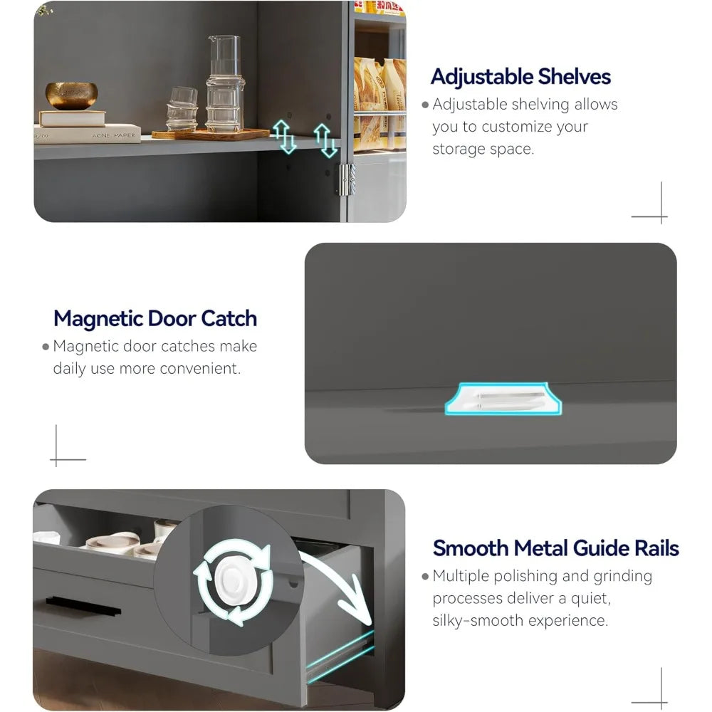 Farmhouse Style LED-Illuminated Kitchen Pantry Cabinet with 3 Drawers. Free Standing Pantry Storage, Barn Door Design, Adjustable Shelves