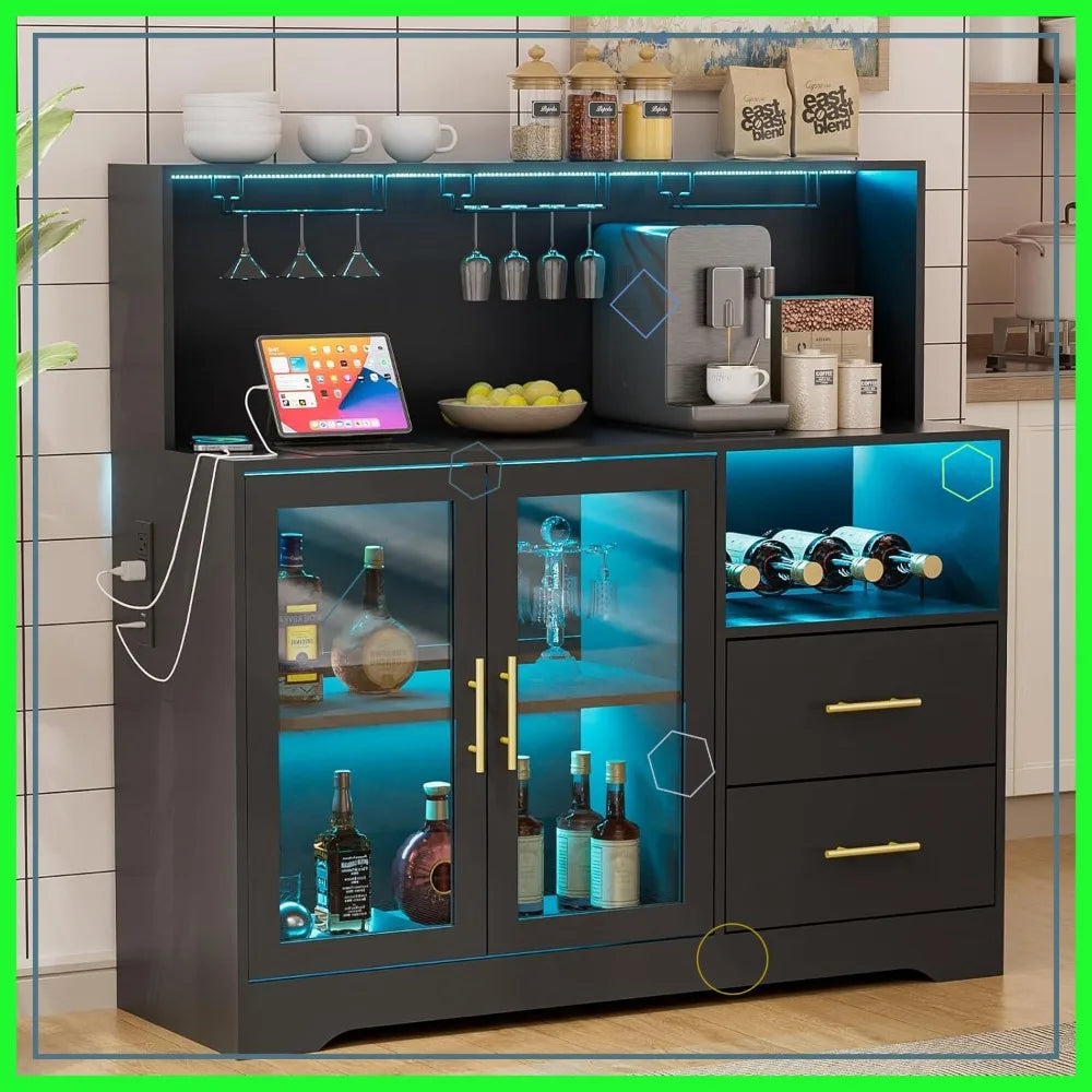 Wine Bar Cabinet with USB Outlets and Soft LED Lighting. With Ample Storage, this Piece is both Functional and Attractive. Great for the Kitchen Livingroom.