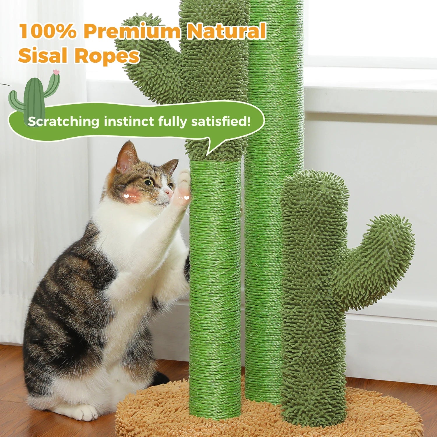 Cactus Cat Tree with Large Condo, Hammock, Dangling Ball and Cat Scratching Post for hours of indoor fun and shenanigans.