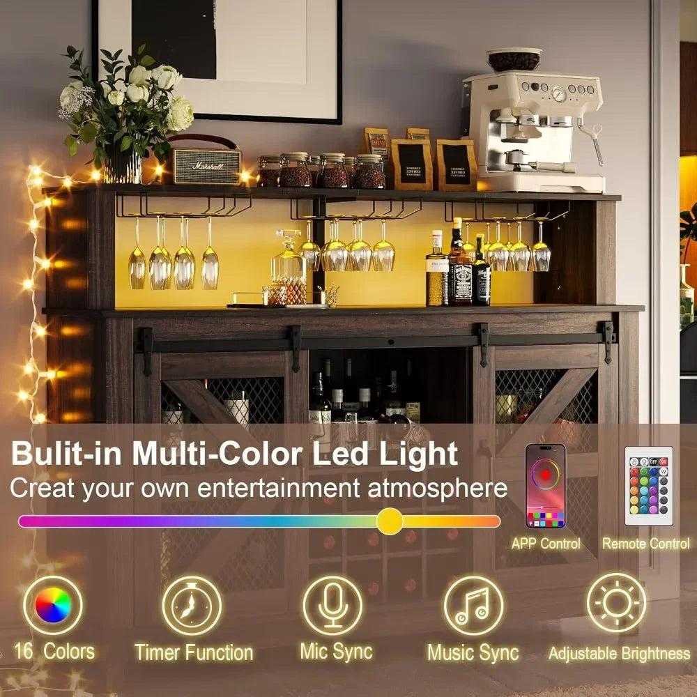 Farmhouse Style Coffee Bar/Wine Bar with LED Lighting and Sliding Barn Door. This is a Great Piece to Bring a Little Farm Charm to Your Home. Two Finishes to Choose From.