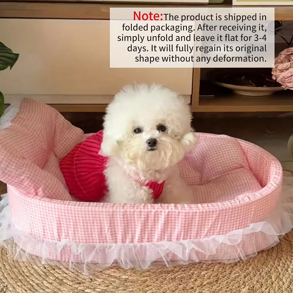 CUTENESS OVERLOAD!  Cute Lace-Trimmed Pet Bed.  Soft Polyester Plush Oval for Small Dogs/Cats, Easy Assembly Indoor Use