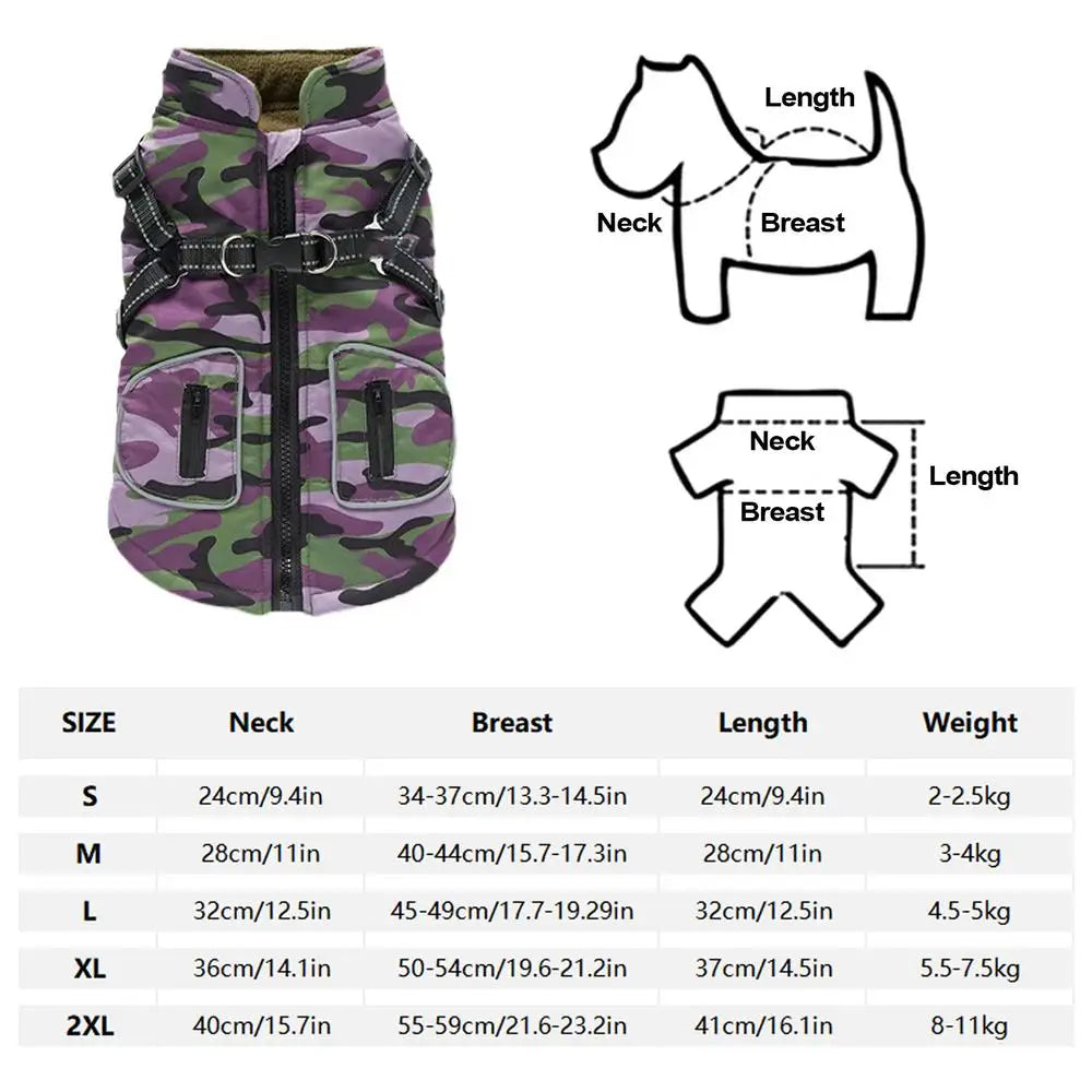 Pet Dog Coat With Reflective Harness Warm, Waterproof Coat for Fur babies of all sizes. 2 color choices.
