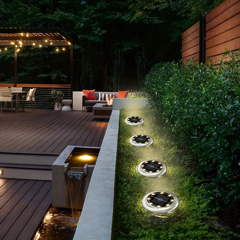8 Pcs 8LED Solar Power Disk Light Outdoor Garden Solar Light . Great for Lighting a Pathway and Flower Beds.
