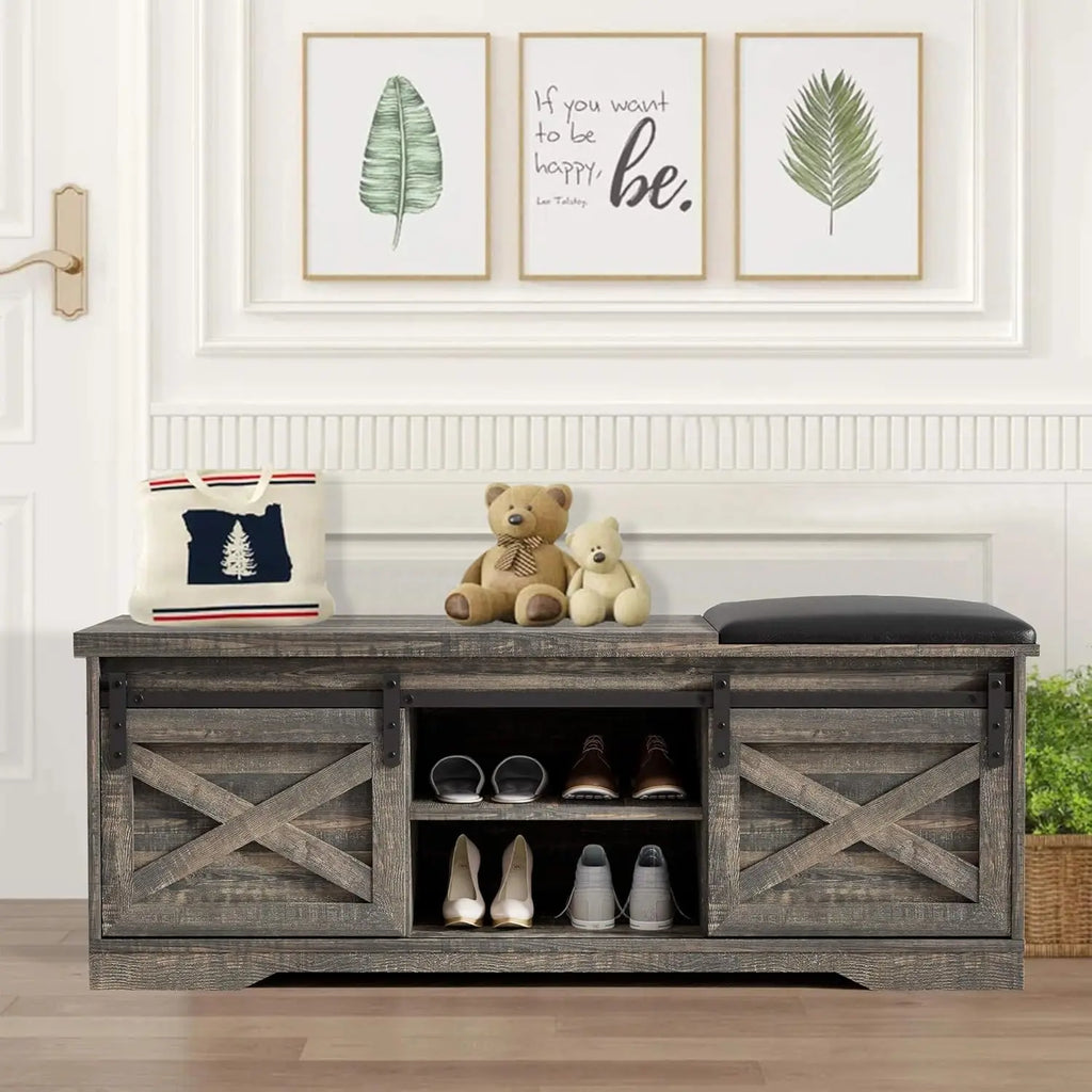 Farmhouse Style Storage Bench with Padded Seat. Great for the Entryway or Bedroom for shoe storage.