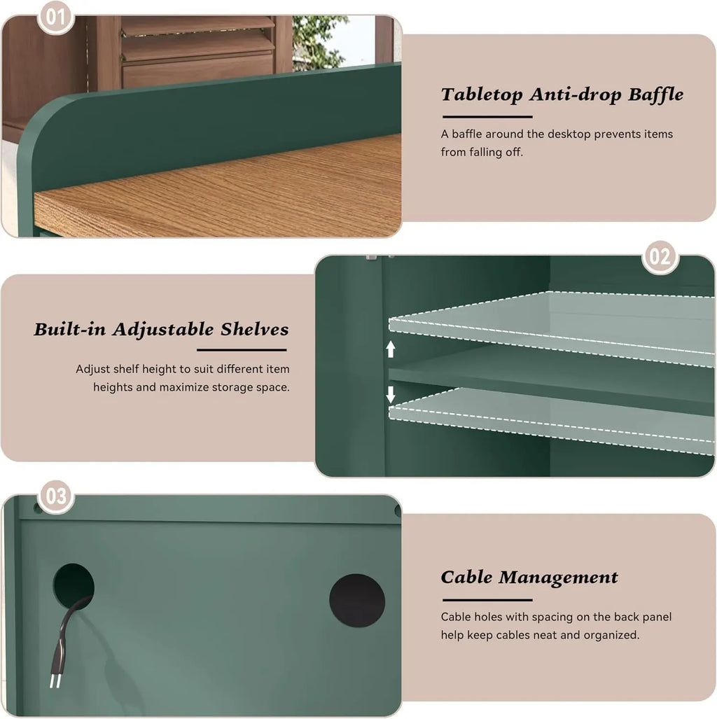 Modern Farmhouse Coffee Bar Cabinet with Mini Fridge Space, Wine Storage & Fluted Door - Green Sideboard for Living Room or Kitchen.