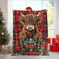 Soft Warm Christmas Highland Cow And Snowflake Flannel Blanket Cozy Festive and The Cow is Too Darn Cute! Multiple Sizes to Choose From.