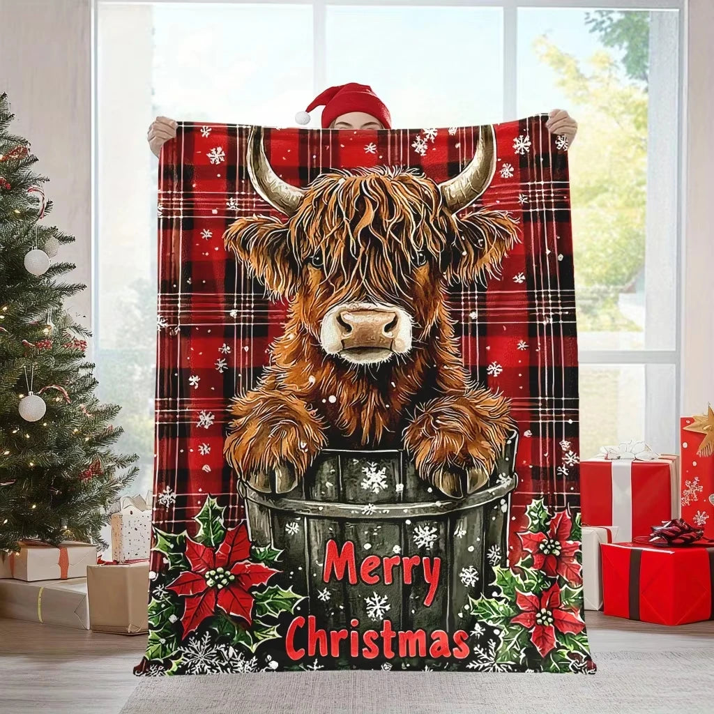 Soft Warm Christmas Highland Cow And Snowflake Flannel Blanket Cozy Festive and The Cow is Too Darn Cute! Multiple Sizes to Choose From.