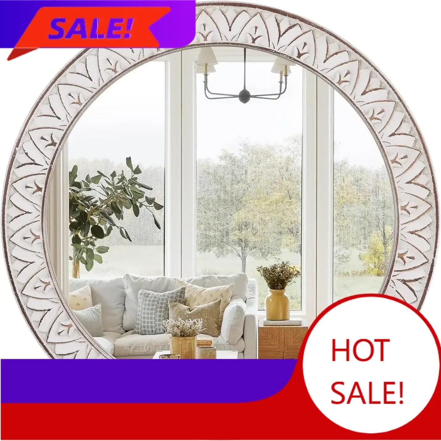 BESTSELLER !! Rustic Round Wood 36 Inch Farmhouse Mirror, Wall Mount, Framed, White, Flower Imprinted Frame. Beautiful Piece.