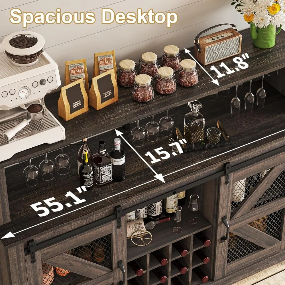 Farmhouse Style Coffee Bar/Wine Bar with LED Lighting and Sliding Barn Door. This is a Great Piece to Bring a Little Farm Charm to Your Home. Two Finishes to Choose From.