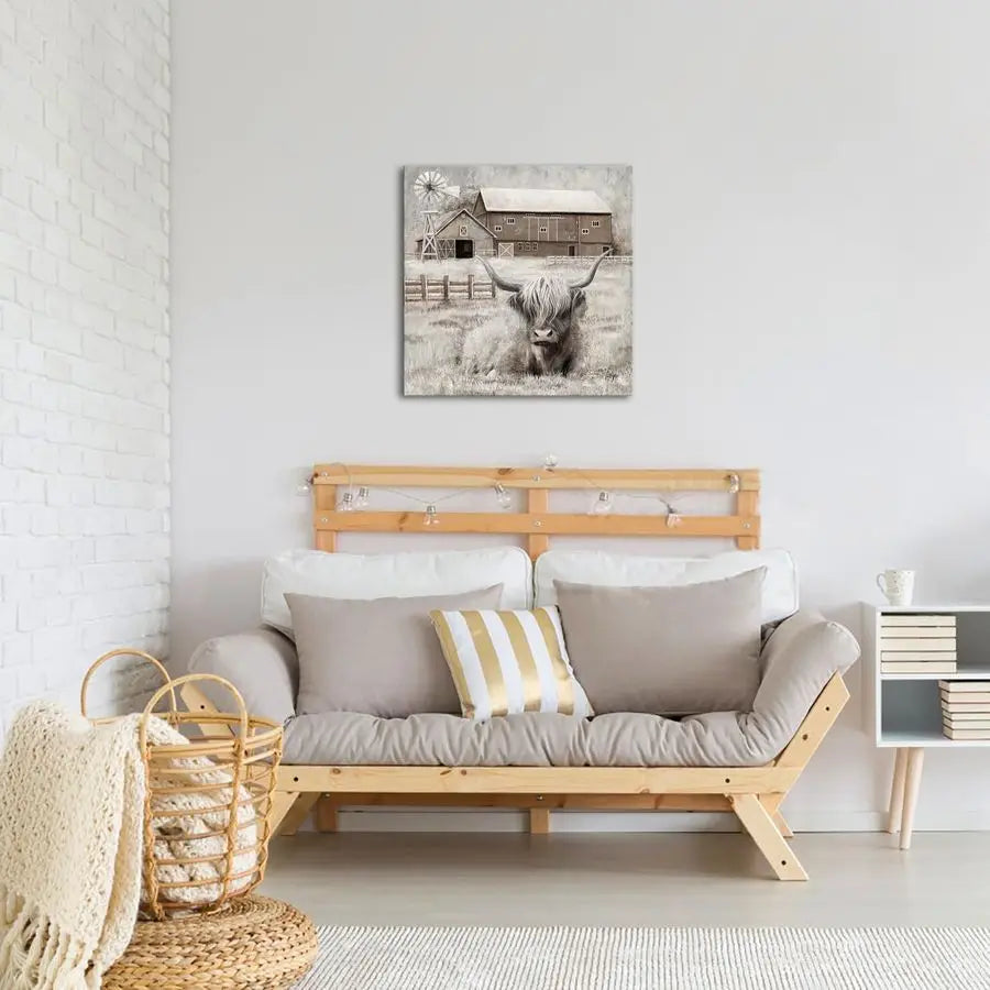 Highland Cow Lovers. Beautiful  Wall Decor Rustic Farmhouse ,Barn and Windmill Landscape Painting Framed 24x24 inch.