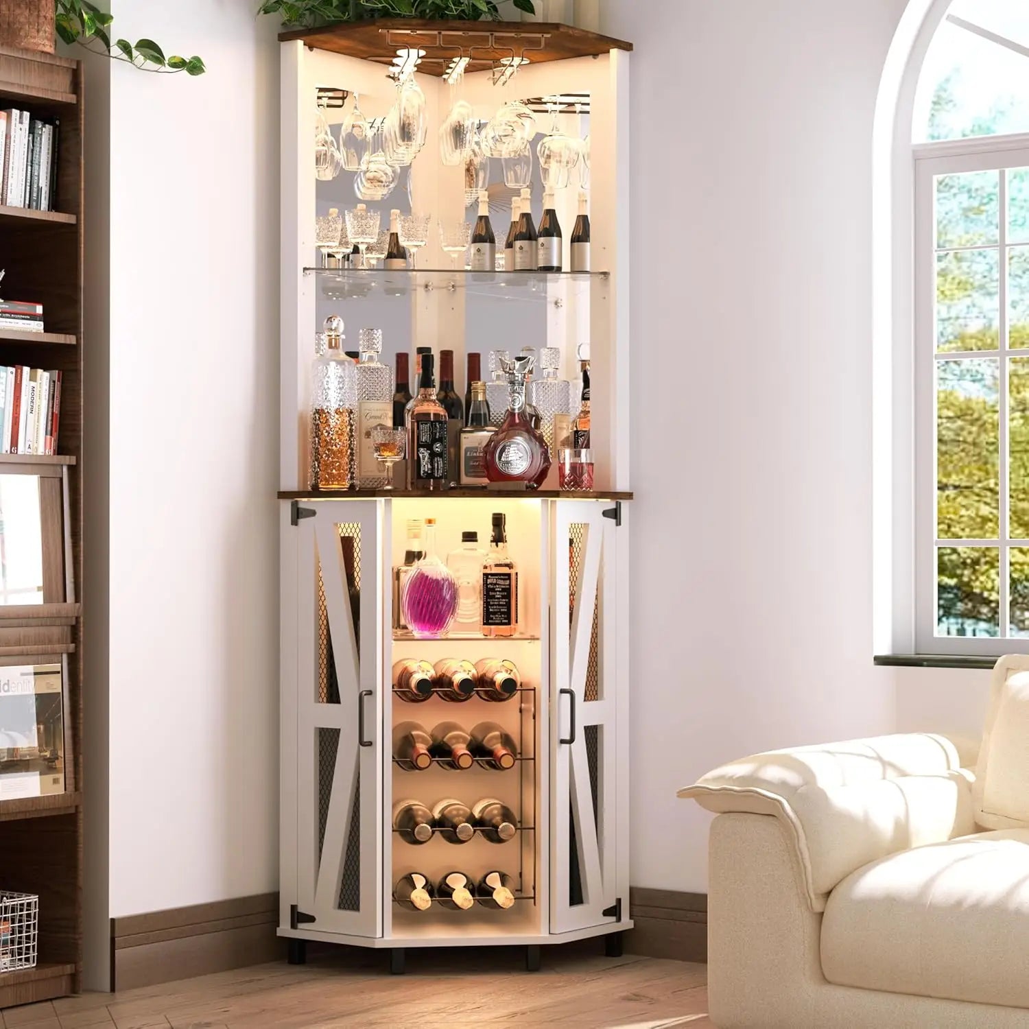 68.9” Tall Corner Bar Cabinet Wine Bar with LED Lighting With Mirrored Backdrop.  Farmhouse Liquor Cabinet with Adjustable Shelf Customizable. It's Corner Style Design is a Space Saving  Which Makes it Suitable for Smaller