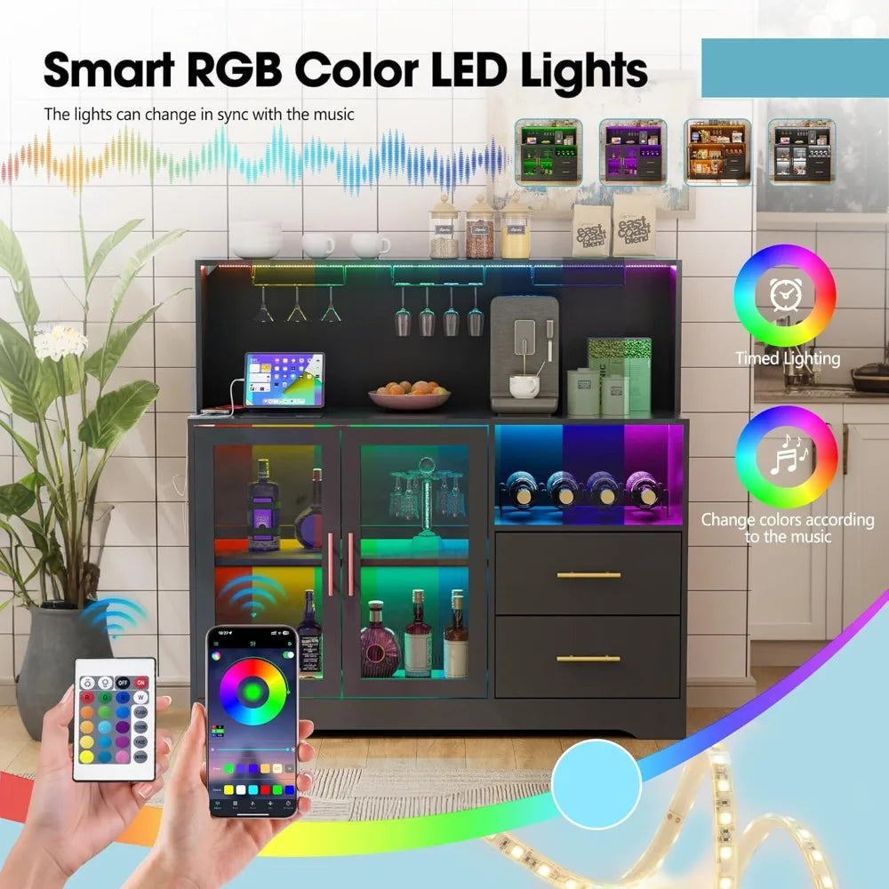 Wine Bar Cabinet with USB Outlets and Soft LED Lighting. With Ample Storage, this Piece is both Functional and Attractive. Great for the Kitchen Livingroom.