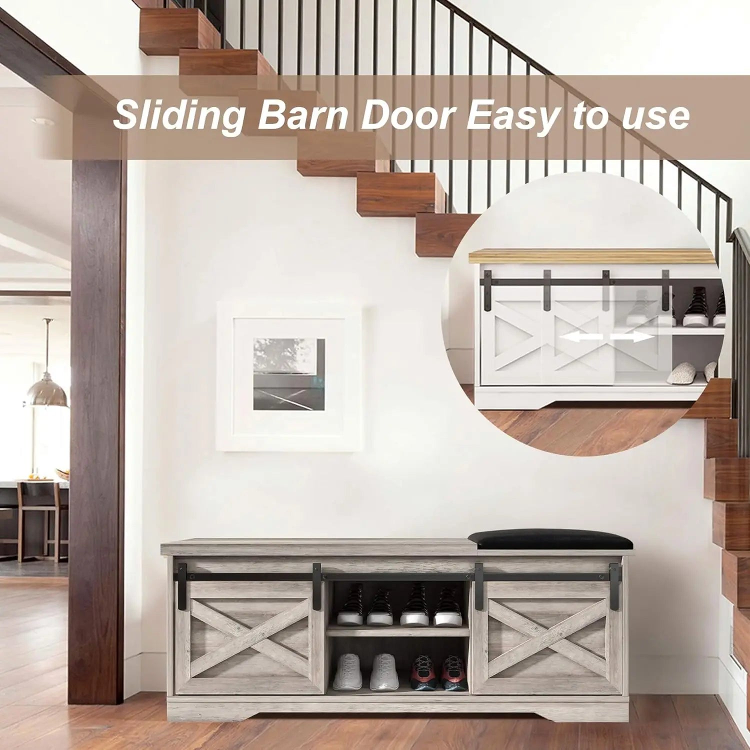 Farmhouse Style Storage Bench with Padded Seat. Great for the Entryway or Bedroom for shoe storage.