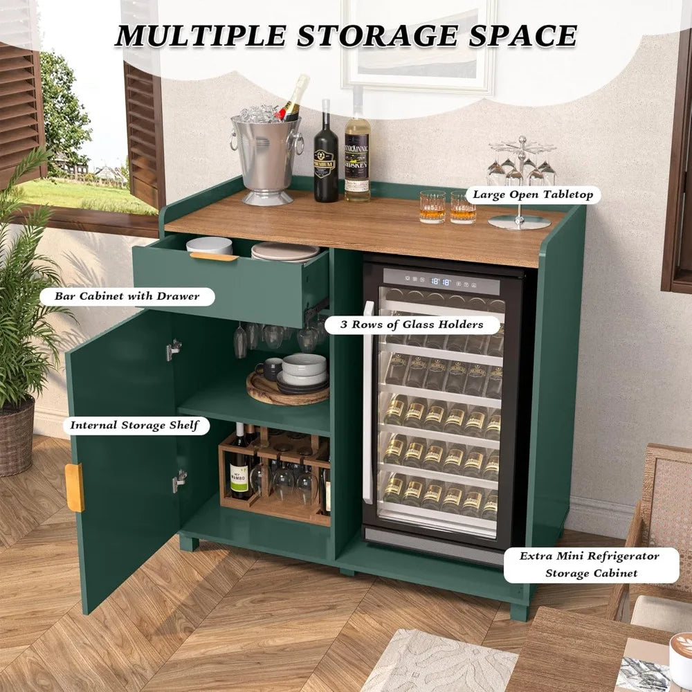 Modern Farmhouse Coffee Bar Cabinet with Mini Fridge Space, Wine Storage & Fluted Door - Green Sideboard for Living Room or Kitchen.