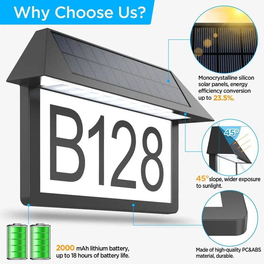 Solar Wall Mounted Address Sign, House Numbers   3 Color Temperature, and Brightness.  Allows for finding Your Address at night Much Easier.