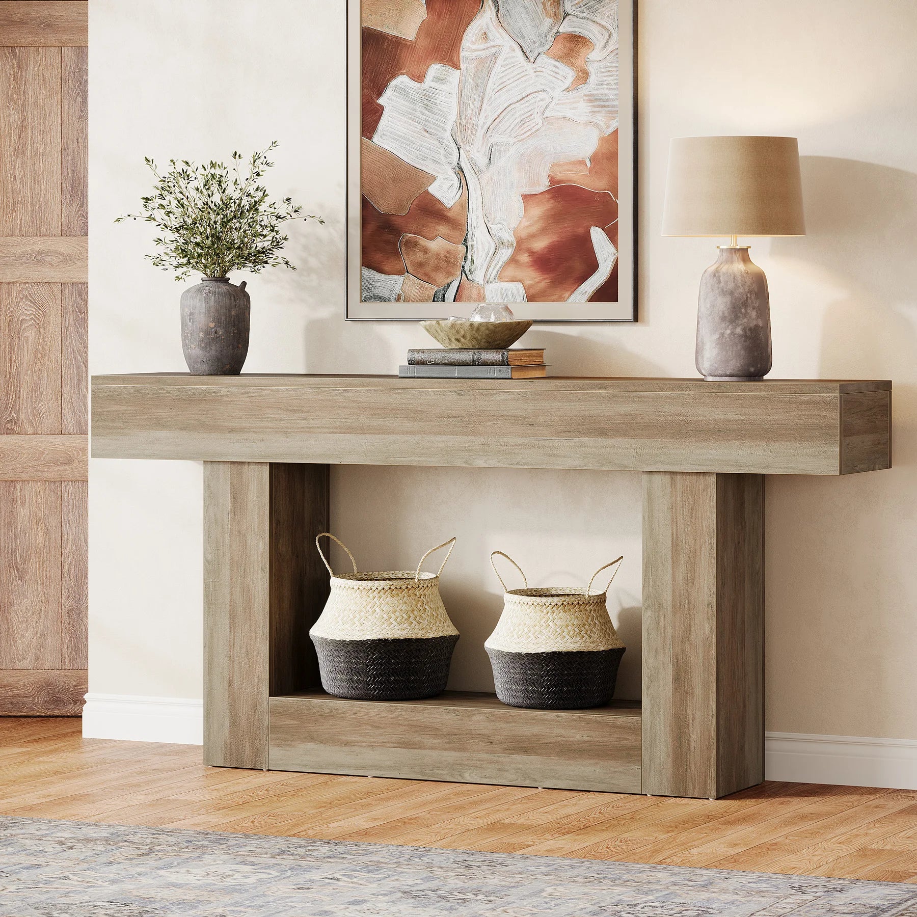 Modern  Farmhouse 2-Tier Entryway Table with U-Shaped Base, Narrow Long Wood Sofa Table. 63 inches tall.. Uniquely Stunning Design. Several finishes to choose from.