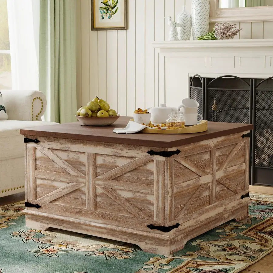 Farmhouse Style Heavy Duty Coffee Table with Storage, Square Wood Center Table Set for Living Room with Pull Up Large Lid.